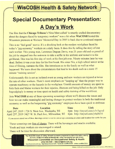 image of flier for A Day's Work screenings